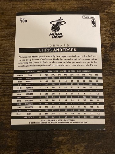 2014-15 Panini Hoops #188 Chris Andersen Heat L7521* - Picture 2 of 2