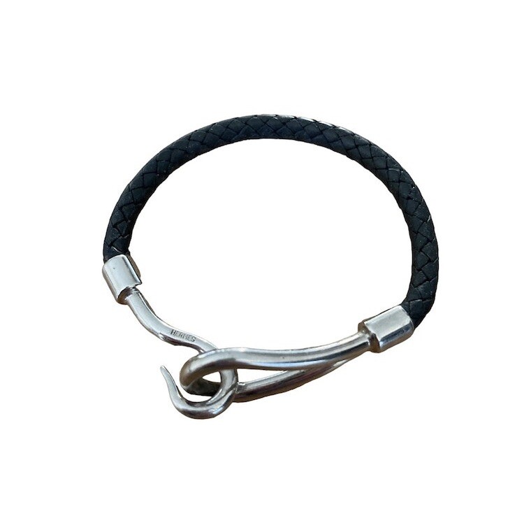 アクセサリー Hermes leather bangles HERMES Silver Hook Bracelet Bangle Leather Black SEE PHOTOS | eBay