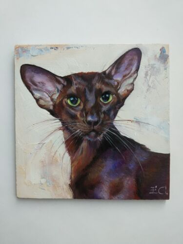 Pintura al óleo sobre panel de madera retrato de un gato oriental marrón pintado a mano - Imagen 2 de 7