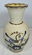 Hand Painted TONALA MEXICO Folk Art Pottery 11" Sandstone Vase Bird & Flowers