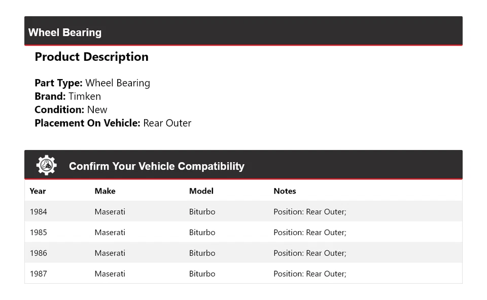 For 1984-1987 Maserati Biturbo Wheel Bearing Rear Outer Timken 1985 1986 - Imagen 2 de 4