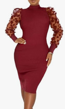Hafailia Women's Elegant Contrast Puff Ribbed Knit Bodycon Midi Dress Medium