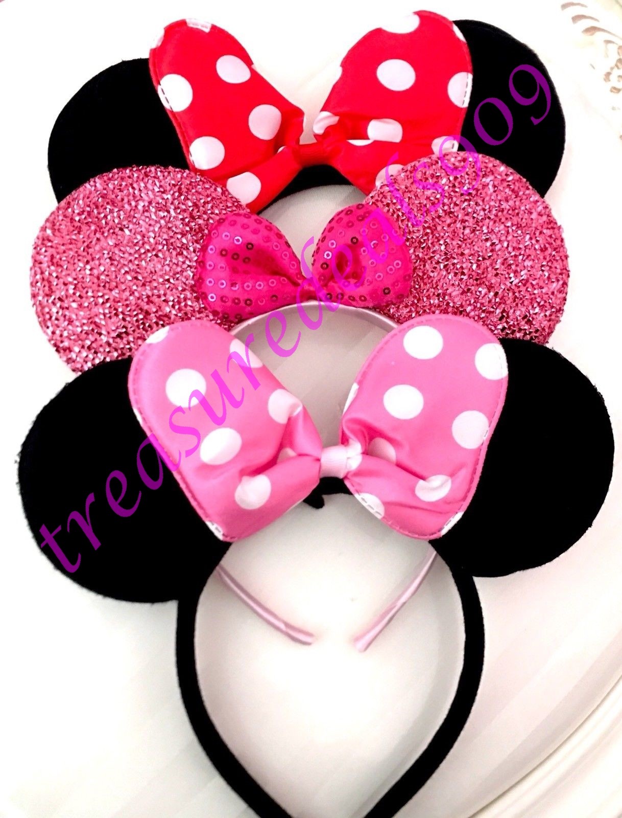 3 Pcs* MICKEY MINNIE MOUSE HEADBANDS BLACK PLUSH PINK RED 