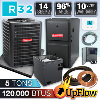 Goodman Upflow 5 Ton Gas Furnace & R32 AC System, 14 SEER2 120K BTU 96% AFUE