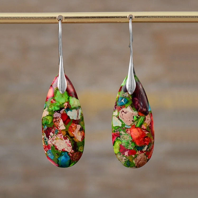 Natural Imperial Jasper Stone Teardrop Dangle Earrings Gemstone Drop Earrings - Image 2 of 4