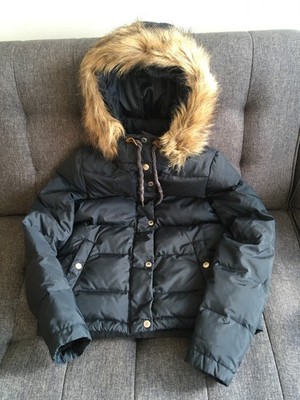 H&M Women's Premium Quality Down Jacket Navy Blue Hooded Faux Fur Trim Size 4 S