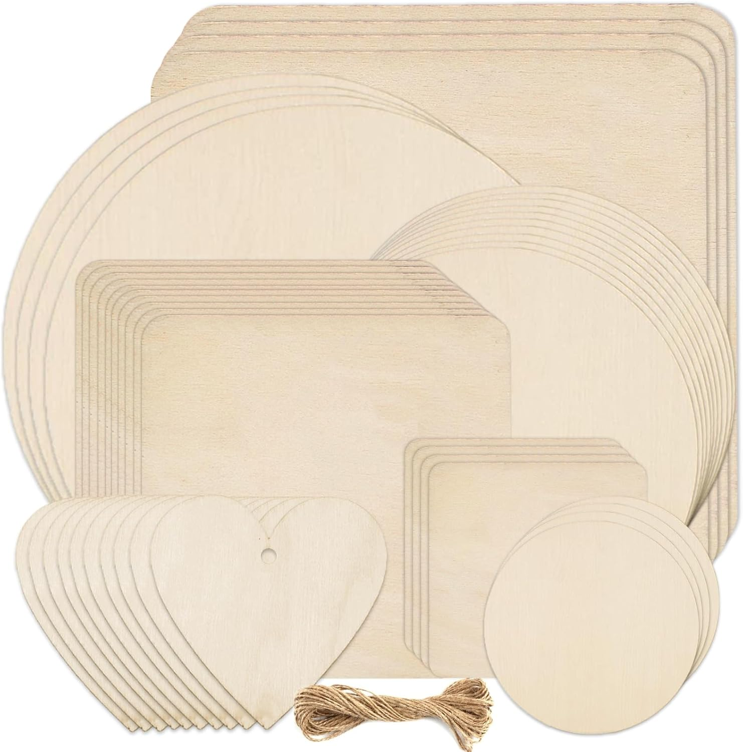 46Pcs Unfinished Blank Wood Slices - Pyrography Wood Blanks, 7Sizes Natural Wood