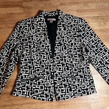 Roz Ali Black and White Modern Geometric Patterned Blazer Jacket Small
