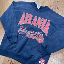 Vintage Atlanta Braves Sweatshirt Men XL Blue Nutmeg Graphic Print Pullover 1990