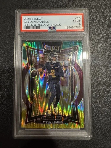 2024 PANINI SELECT GREEN & YELLOW SHOCK #26 JAYDEN DANIELS ROOKIE RC PSA 9