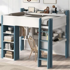 Full Size Wood Loft Bed w/Bulit-in Book Shelf,Clothes Rails and Desk,White+Blue