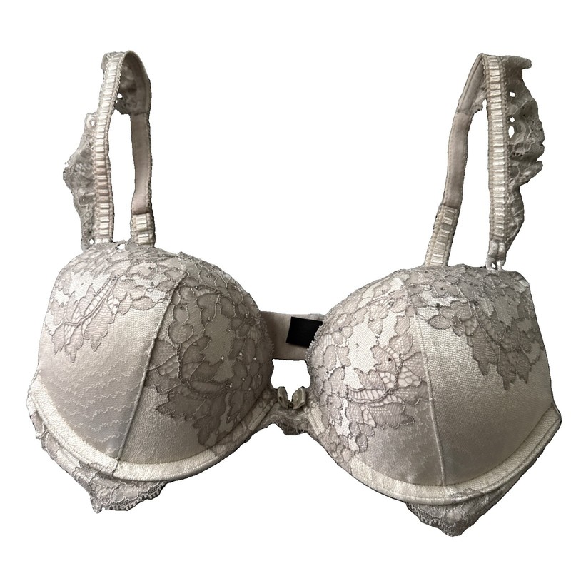 Victoria's Secret Bombshell Plunge Push-Up Bra Gray Lace Rhinestones 32B