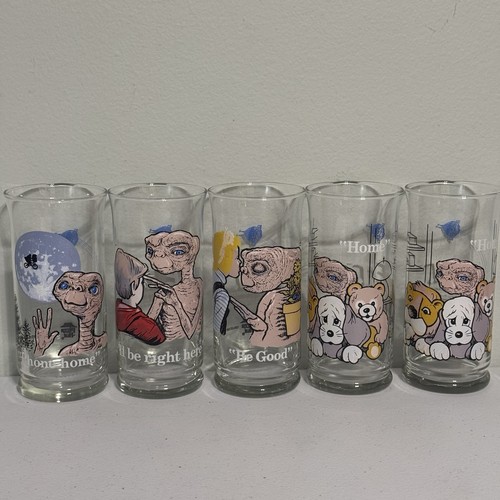 ET EXTRA TERRESTRIAL ALIEN 1982 PIZZA HUT DRINKING CUP GLASSES - SET OF 5 - VG