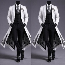 White Jacquard Long Tailcoat Men Suit Black Embroidery Waistcoat Wedding Tuxedo
