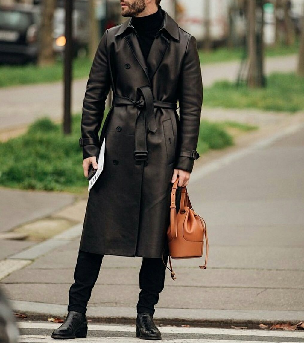 Men's Black 100% Real Leather Trench Coat Long Belted Double Breasted Overcoat