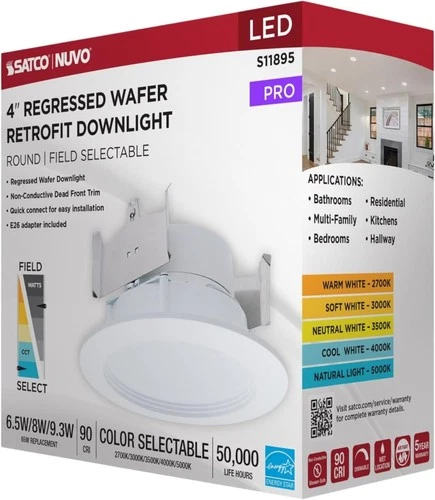 Satco S11895 - 6.5/8/9 Watt 4" LED Regressed Downlight CCT Select (1, 2 or 8 PK) - Picture 4 of 10