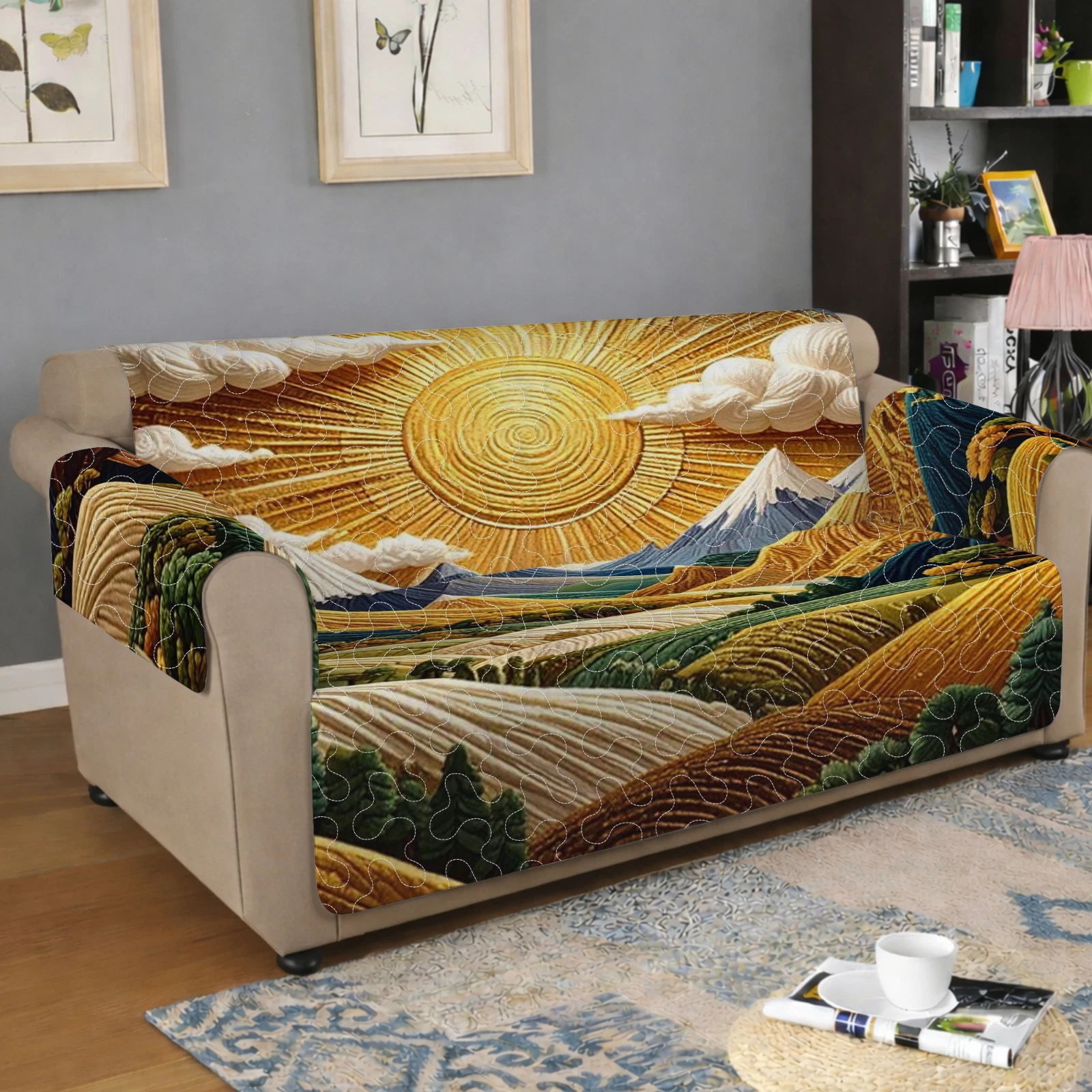 Quilted Sofa Cover, Golden Sunburst Hills Nature Art Couch Protector