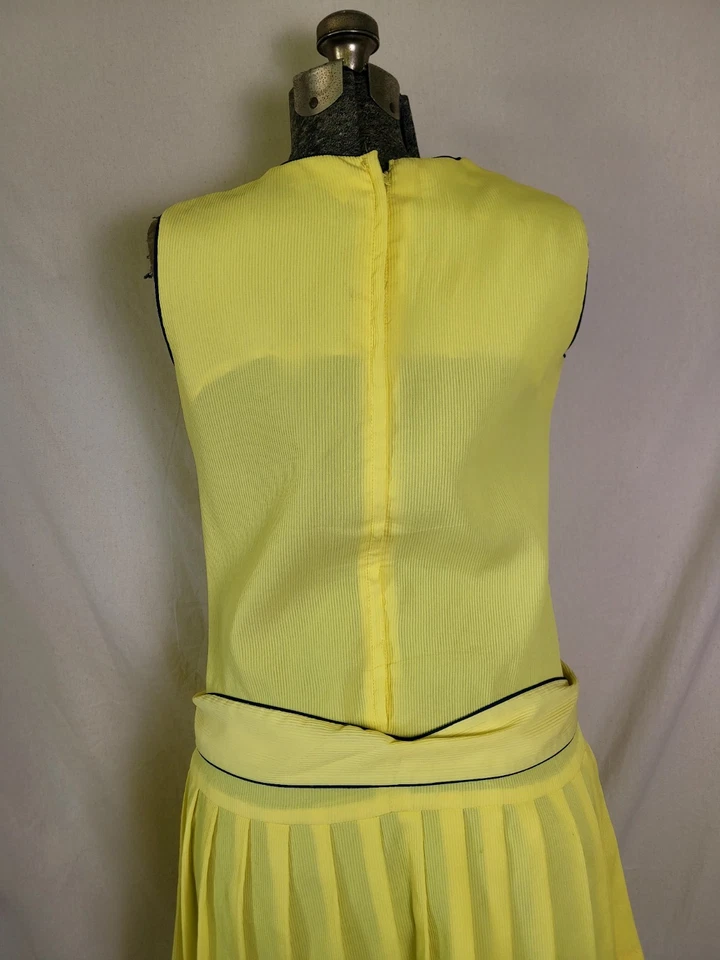 Vestido Vintage Años 60 Cintura Caída Amarillo Mantequilla Marinero Cinturón Plisado Falda Mod M/L Foto 4 de 4