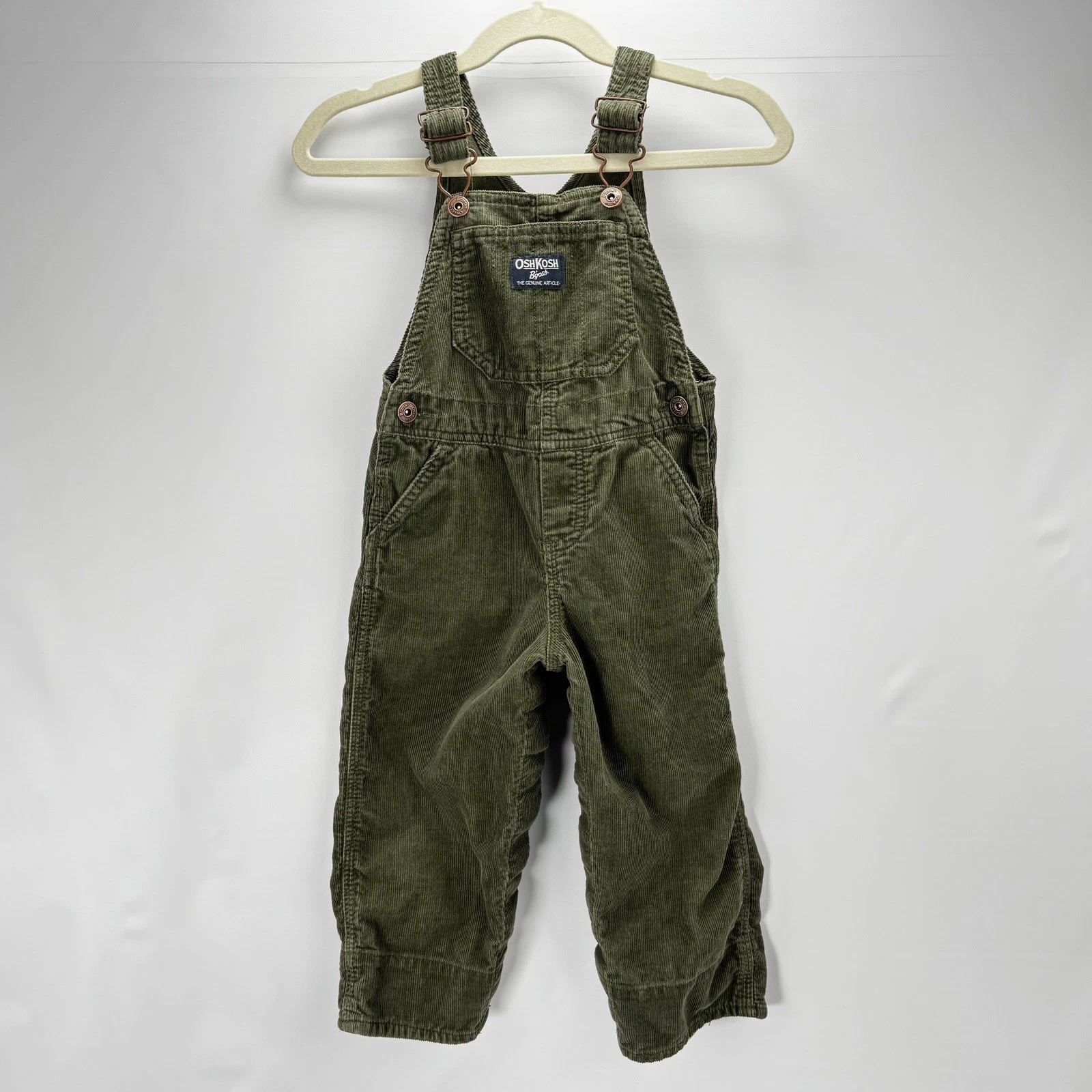 Oshkosh B’gosh Vestbak Green Corduroy Toddler Overalls 18M Flannel Cuffs Farm