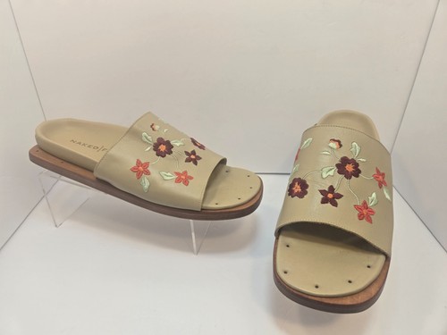Naked Feet Women's Embroidered Flowers Wood Sole Sandals Size 8.5 M