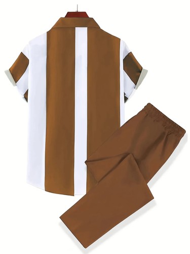 Men's Casual Collar Short Sleeve Shirt and Straight Pants Suit, Polyester. - Picture 2 of 8