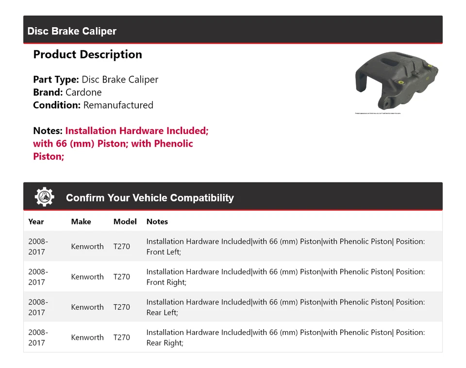 Pinza de freno de disco Cardone para Kenworth T270 2008-2017 2009 2010 2011 2012 2013 Foto 2 de 4