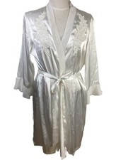 Vtg Linea Donatella White Satin Robe Size L/XL Embroidered Sequin Wedding