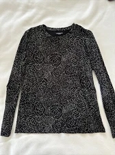 Liz Claiborne Crew Neck Long Sleeve Black w/White Print Blouse/Top /LG /EasyCare