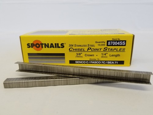 STAPLES 3/8" CROWN BY 1/4" Long STAINLESS STEEL Spotnails 22 GA C04SS, 87004SS - Picture 3 of 6