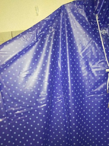 Blue PVC vinyl sleeveless raincape hooded poncho rainwear translucent dots - Picture 11 of 17