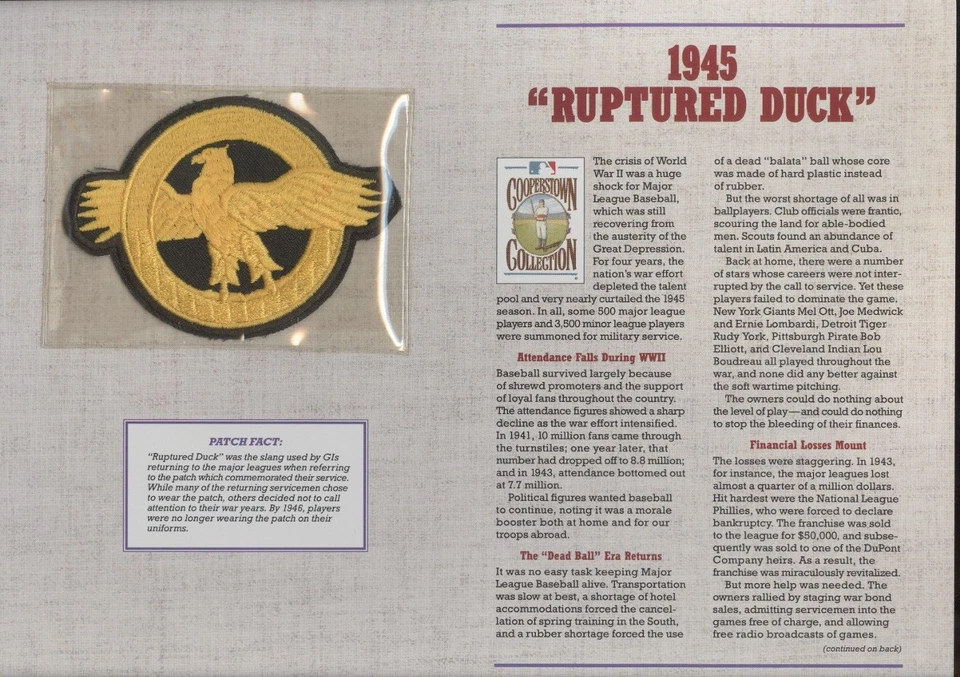 1945 "Ruptured Duck" WWII Vets Cooperstown Collection 4 inch Replica Patch 1995 - Image 2 of 3
