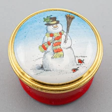 READ- Bilston & Battersea Halcyon Days Enamels Trinket Box Snowman Red Landscape