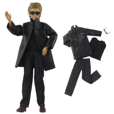 1/6 Doll Clothes For 12'' Boy Doll Black Leather Coat Vest Pants Sunglasses Toys