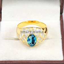 London Blue Topaz Oval With 925 Silver Sterling Gold Plated Ring For Men's #B238