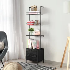 4 Tier Ladder Bookshelf with Drawers Wall Mounted Storage Shelves Black Bookc...