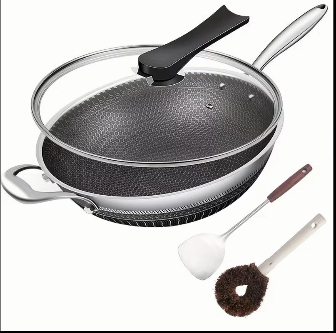13.3-Inch Stainless Steel Non-Stick Wok Featuring a Lid And Two Cooking Addition