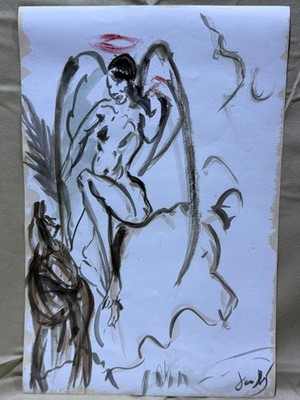 SALVADOR DALI drawing and painting on old paper signed stamped vintage