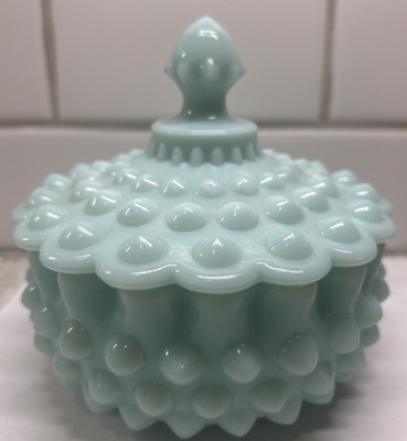 Ultra Rare Vintage Fenton Blue Turquoise Hobnail  Powder Jar Or Candy Dish.