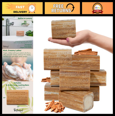 Sandalwood Cocoa Butter Soap Bars, 6.6 OZ, Triple Milled, Natural & Organic, Pac