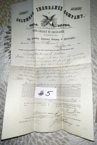 #5-Lot- 3 Used, Columbian Insurance Fire Policy Amsterdam New York 1852-Receipts - Picture 3 of 8