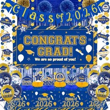 Graduation Decorations 2026 Blue and Gold Class of 2026 Banner Congrats Grad B