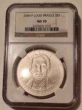NGC 2009 P Louis Braille Commemorative Silver Dollar MS70*