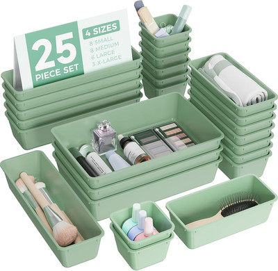 Plastic Drawer Organizer Set 25 PCS Multiple Sizes Vanity Makeup Storage