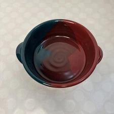 Red/Green Double Handled Pottery Bowl Signed