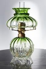 RARE URANIUM GREEN PANEL OPTIC MOLDED ART GLASS MINIATURE OIL LAMP - S2-495