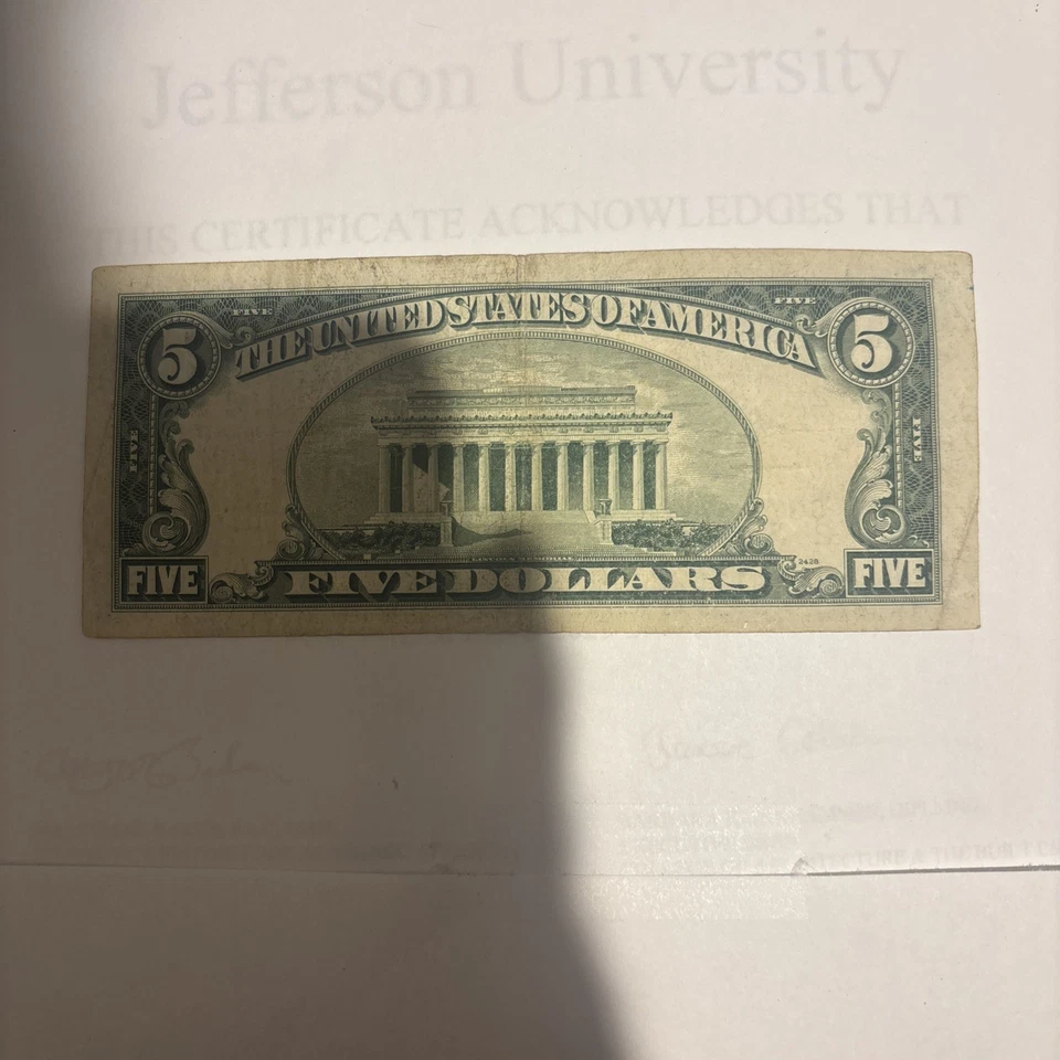 1950 nota de 5 dólares da Reserva Federal série b. Série # inclui 3 pares. - Imagem 3 de 4