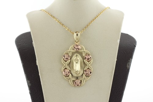 14K Yellow & Rose Gold Virgin Mother Mary Floral Rose & Leaf XO Charm Pendant - Picture 2 of 8