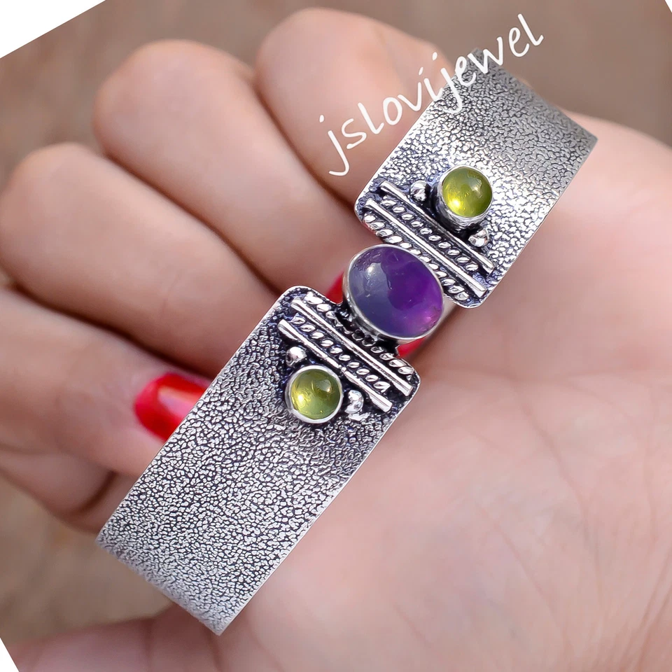 Amethyst & Peridot Gemstone 925 Sterling Silver Bangle Cuff For Festival Gift - Image 2 of 4
