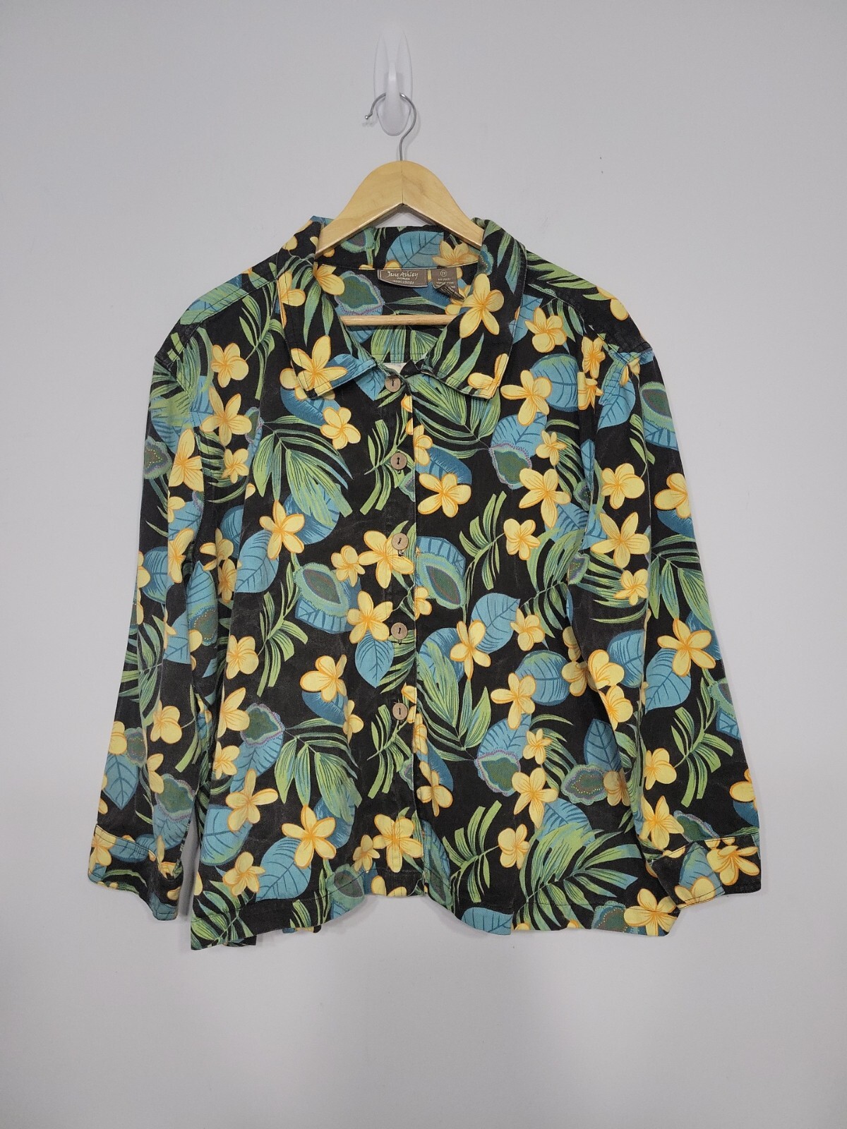 Jane Ashley Woman Women's Top Size 2X Denim Button-up Floral Black Wash VTG