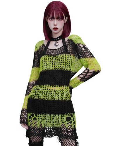 Punk Rave Shredded Grunge Distressed Knit Sweater Top Gothic Black Green Stripe - Picture 3 of 9
